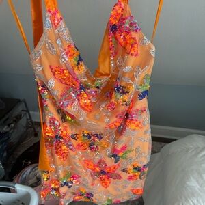 Vibrant Orange Backless Dress with Sequin Details